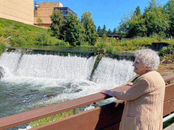 elderly woman enjoying a waterfall view for life enrichment page