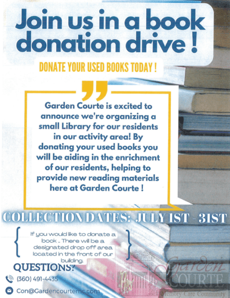 Garden Courte Memory Care is participating in a book drive in July