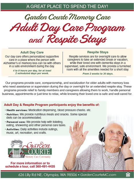 garden courte memory care's adult day care and respite care informative flyer